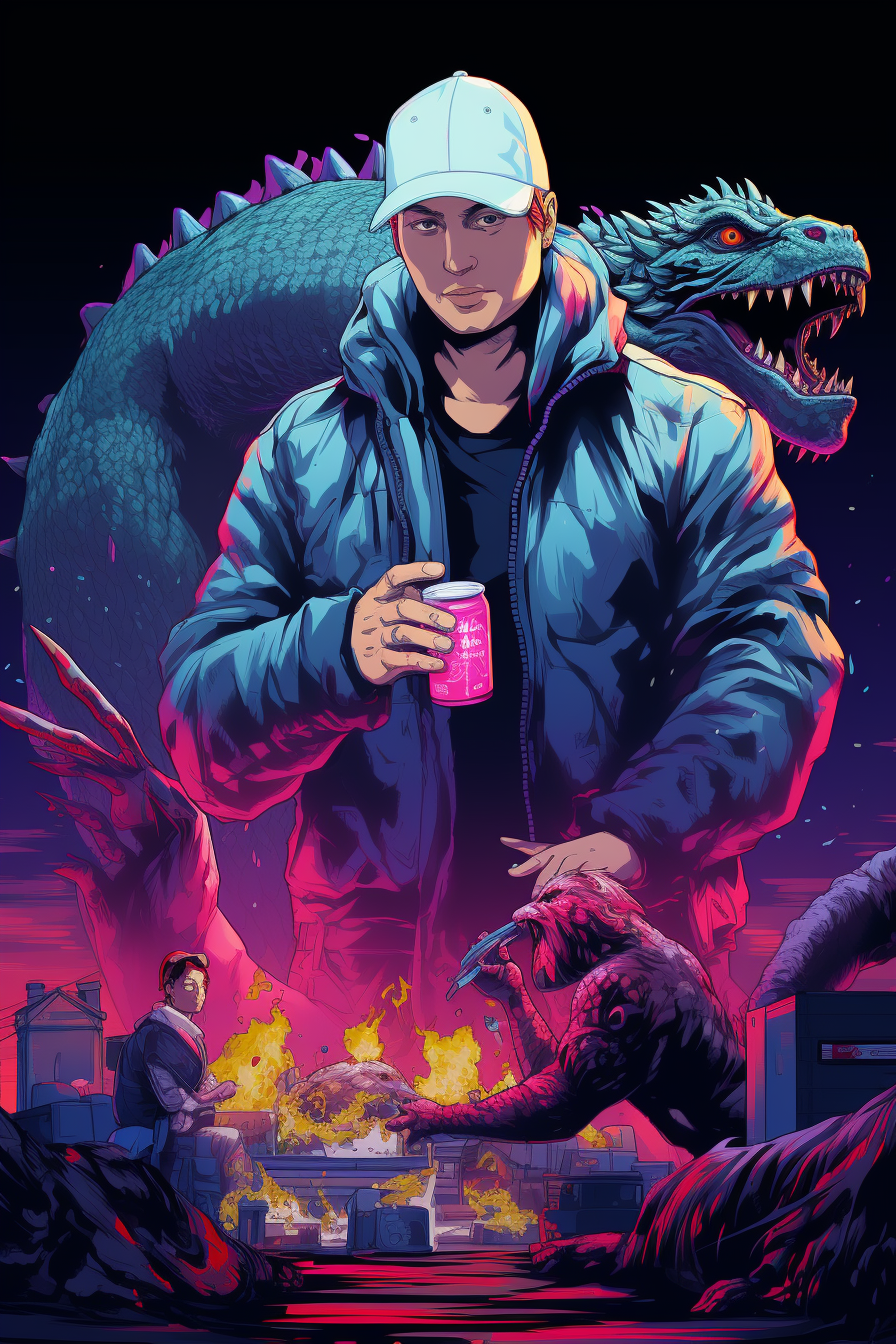 Eminem battling Godzilla with vibrant background