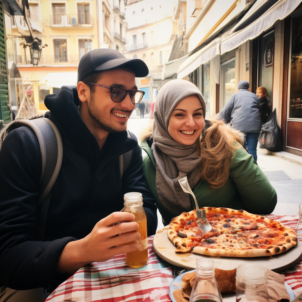 Emirati couple enjoying delicious pizza