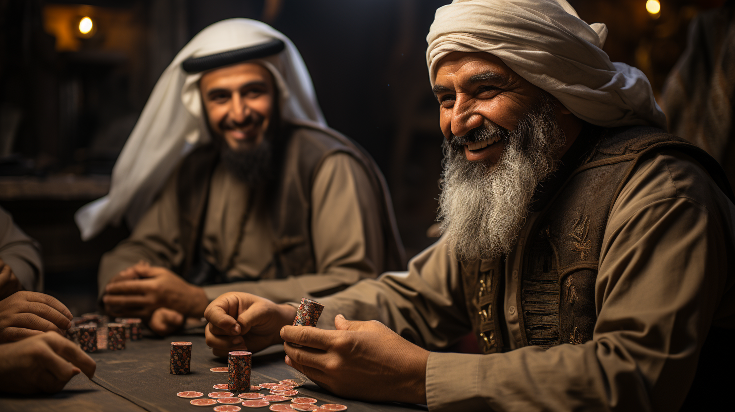 Emirati men enjoying card game in the desert