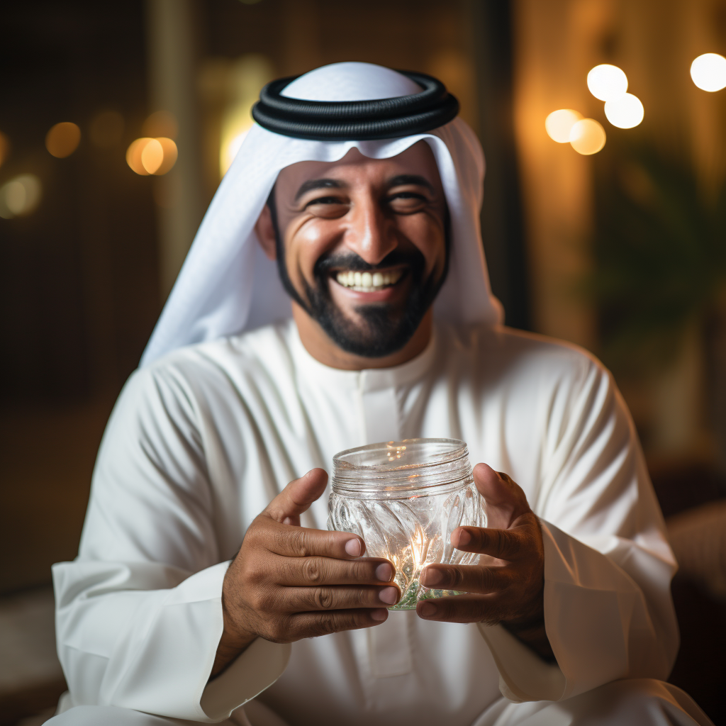 Smiling Emirati Man Holding Sand Hourglass