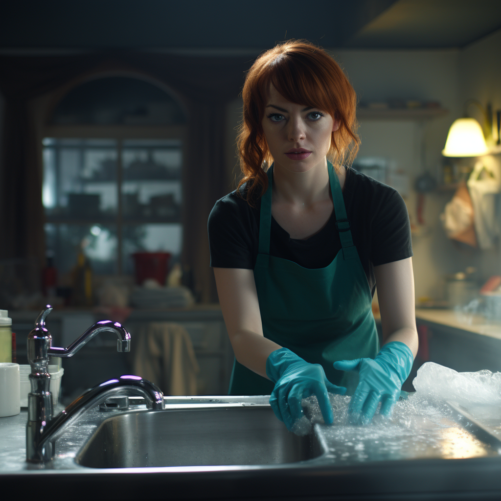 Emma Stone washing dishes wearing rubber gloves