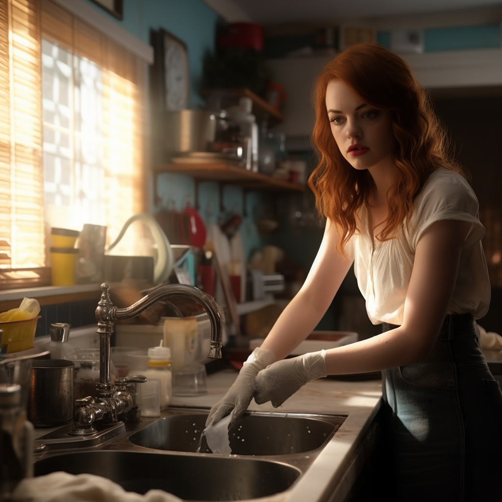 Emma Stone washing dishes with a smile