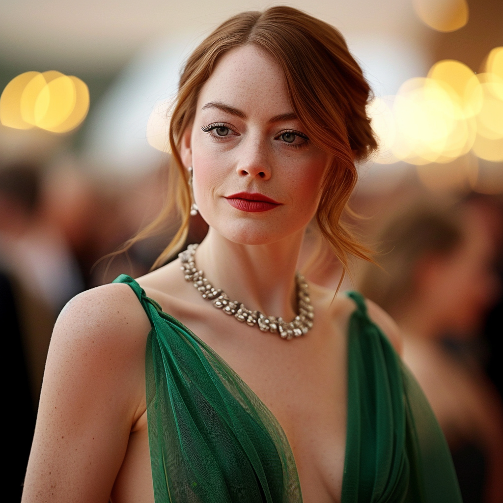 Emma Stone in elegant deep v dress