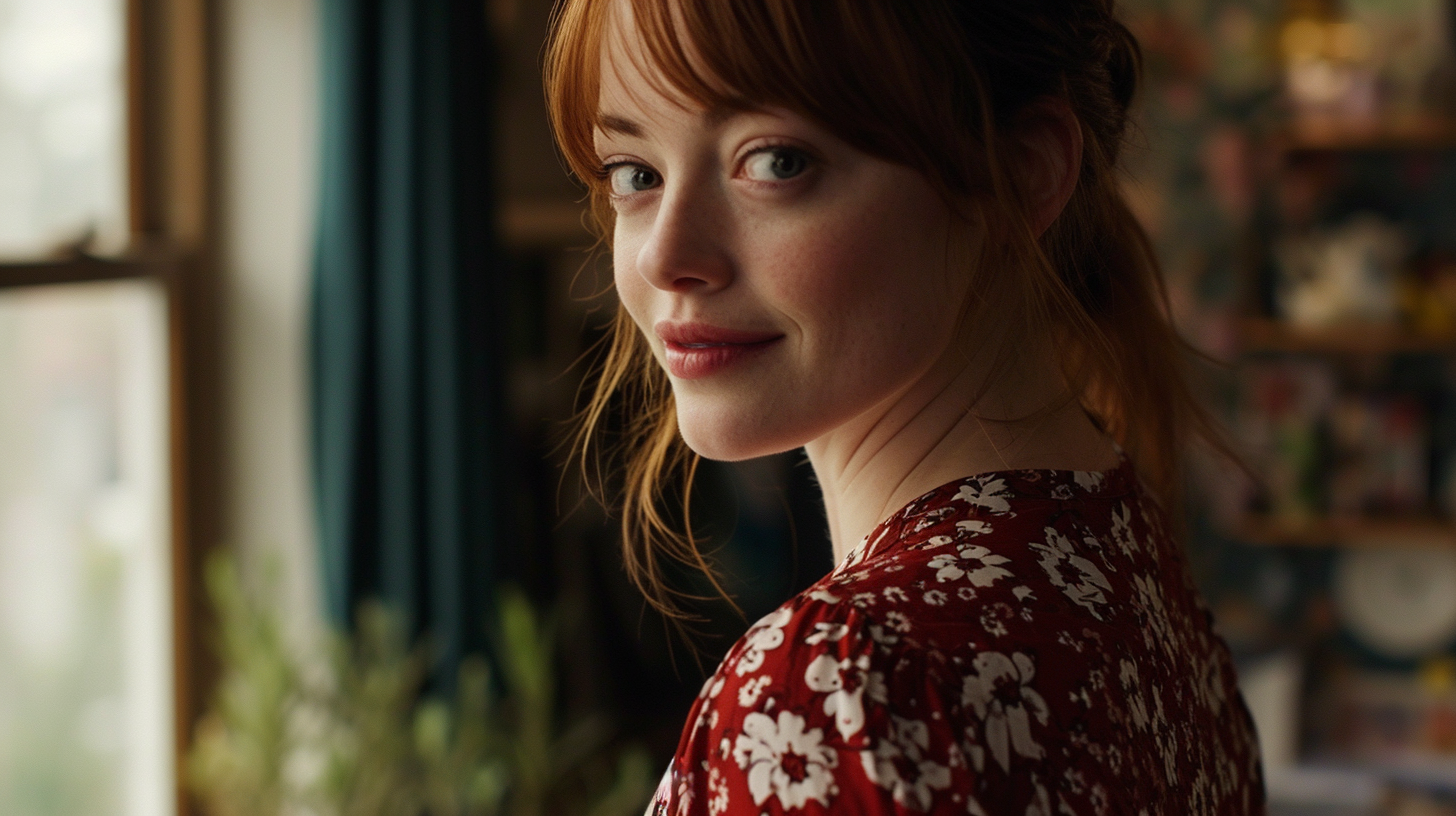 Emma Stone pregnant looking into the camera