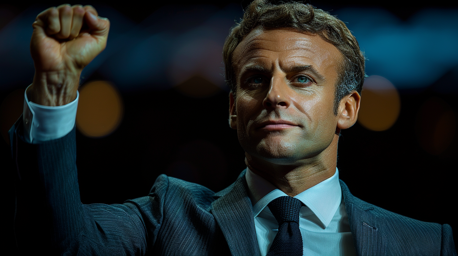 Macron raising hand black background