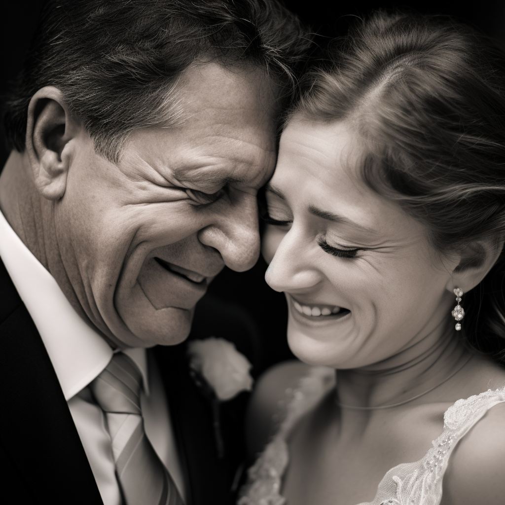 Emotional bride and father sharing tears of joy