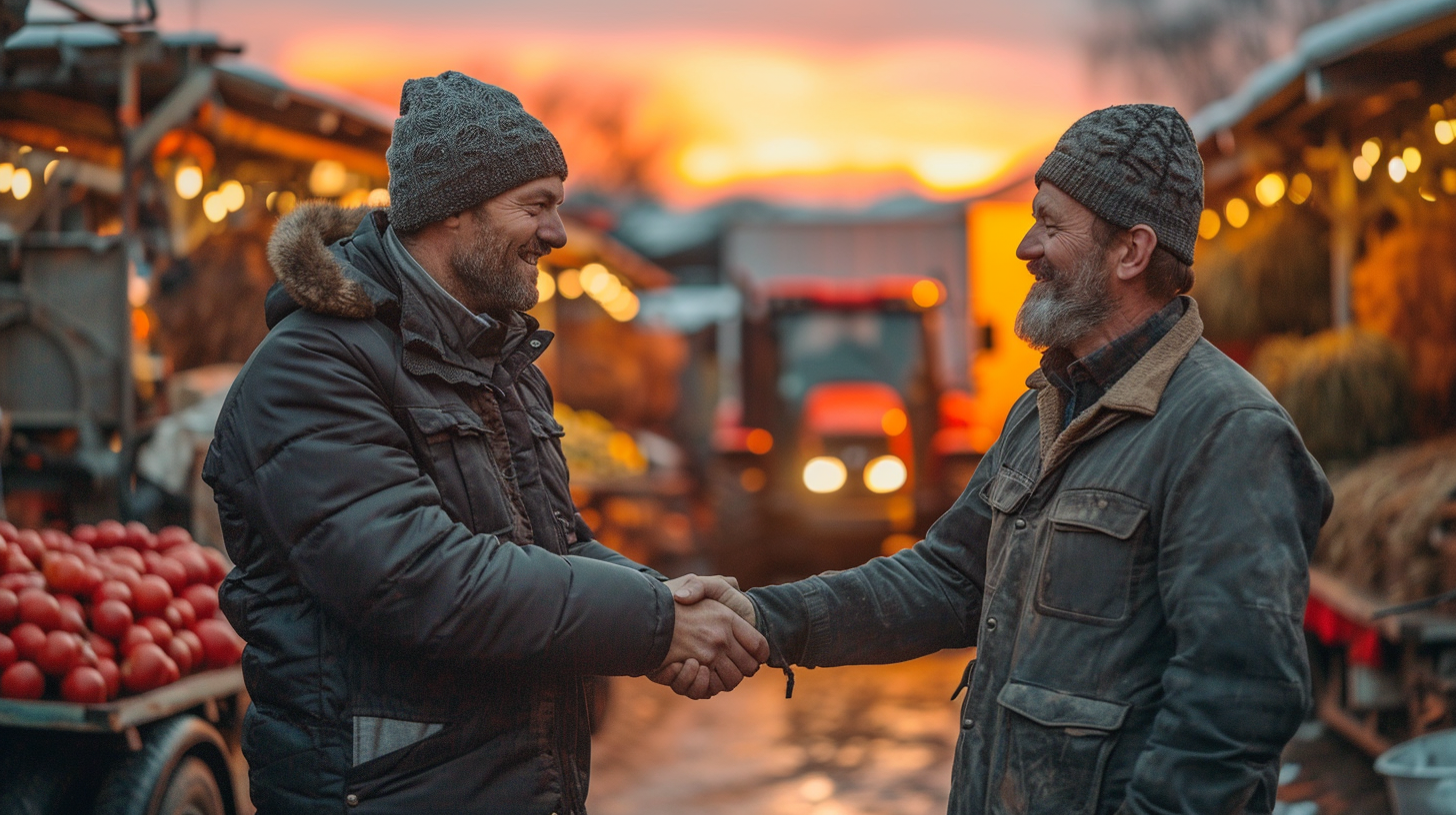 Emotional handshake between farmer and truckdriver