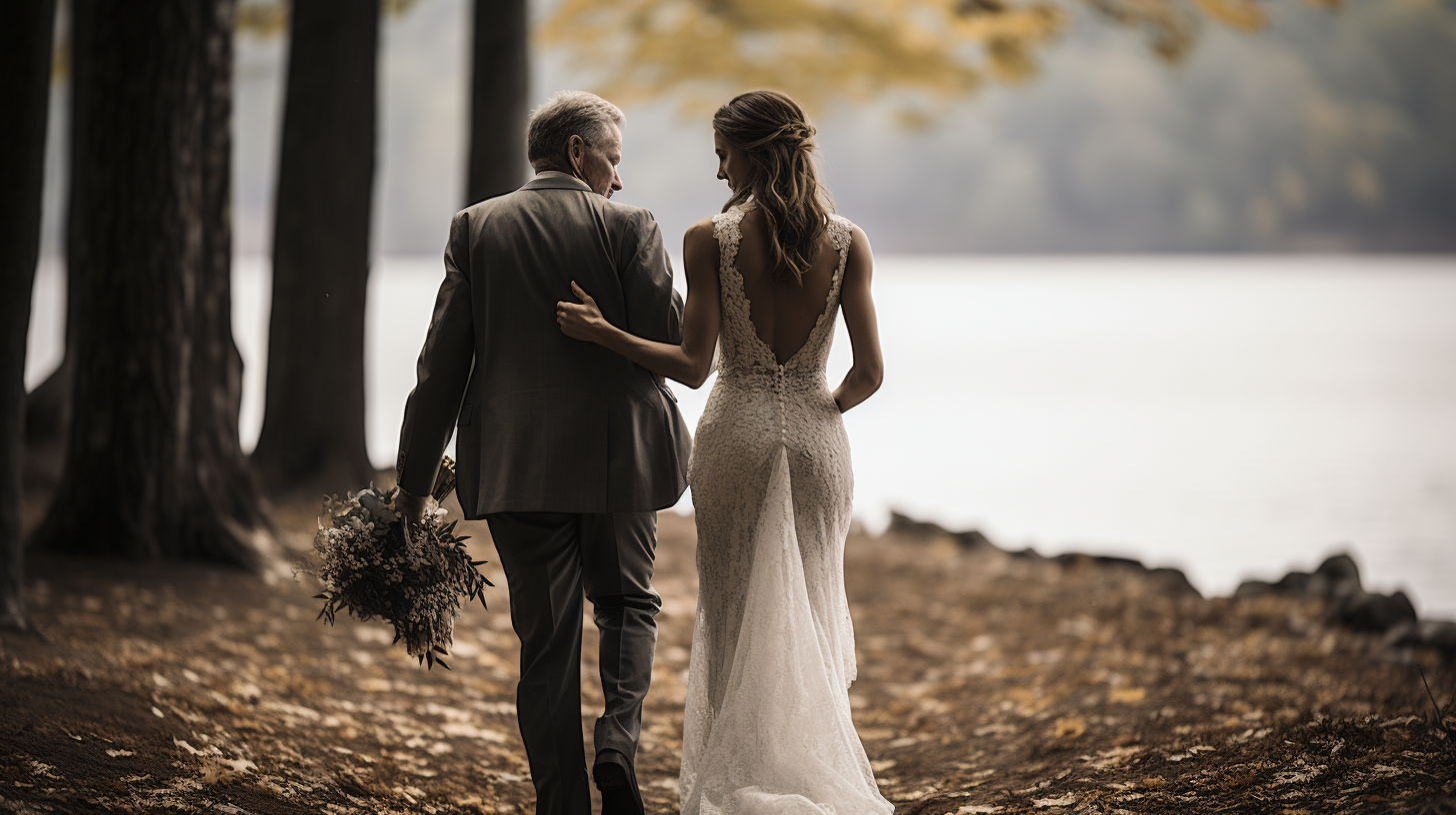 Bride and Father Walking Arm in Arm