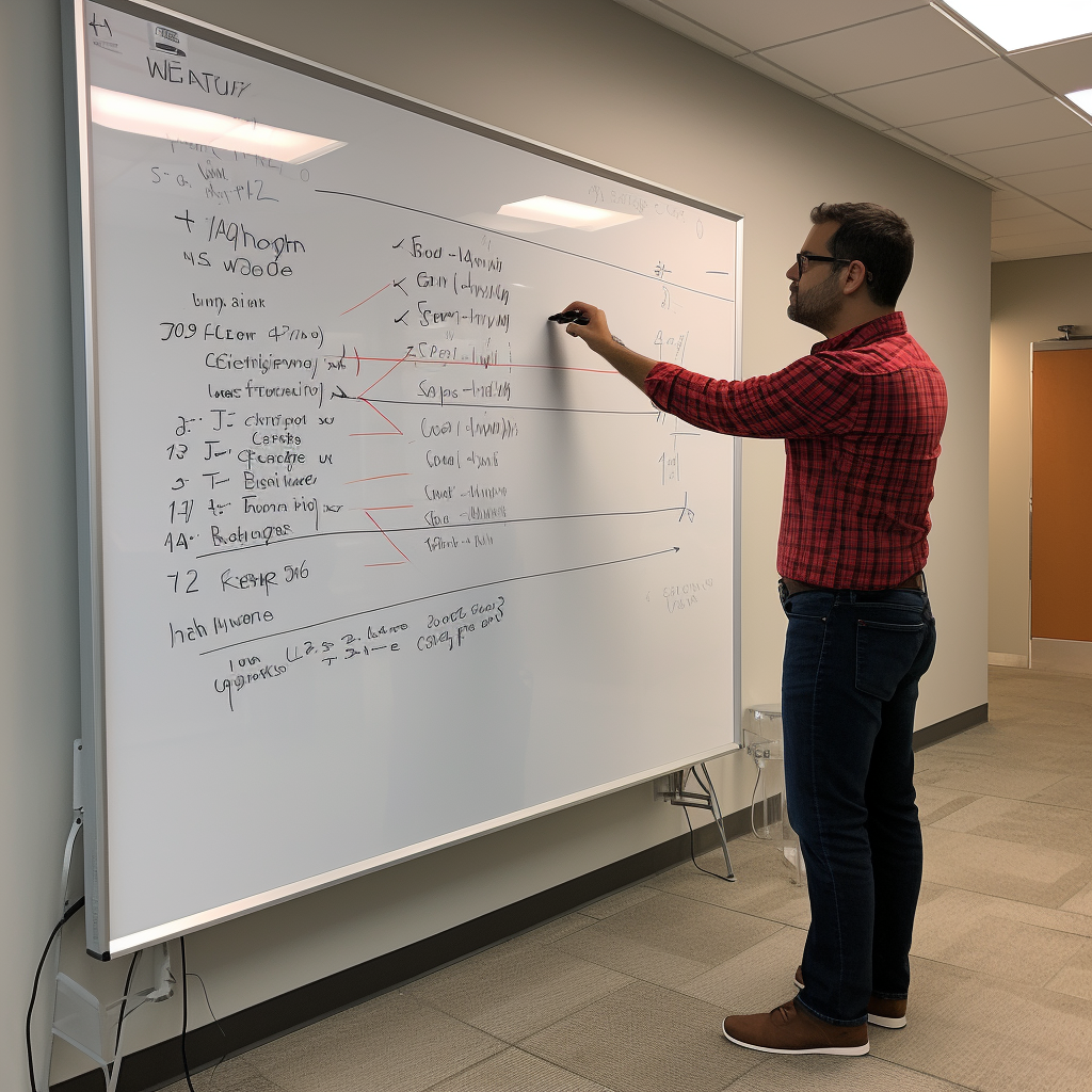 Employee testing dry erase markers on whiteboard