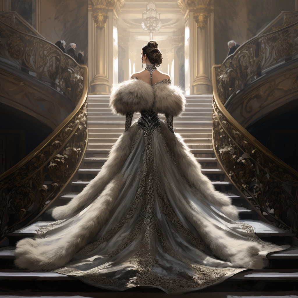 Empress in elegant gown and fur walking to throne