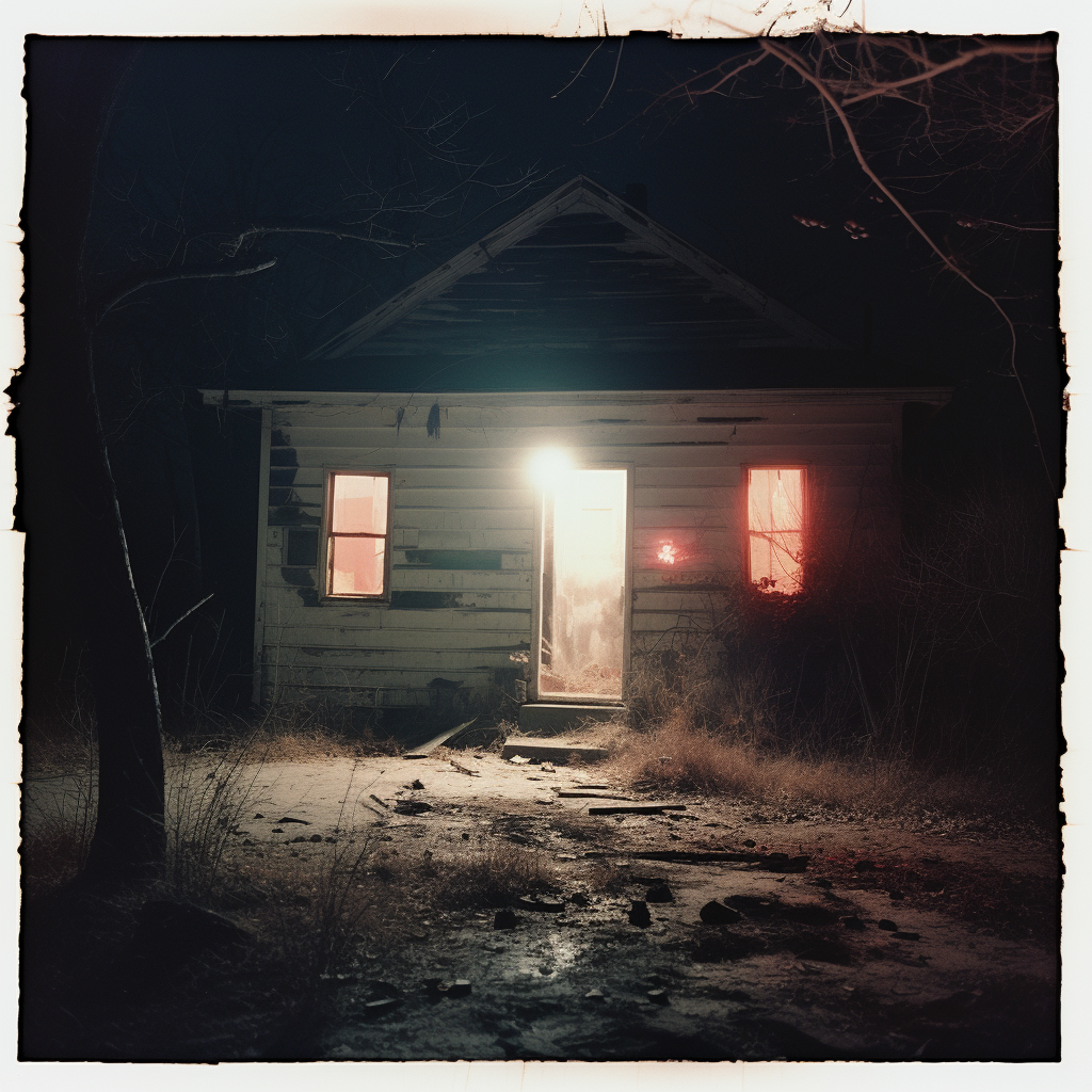 Eerie night scene of empty abandoned house