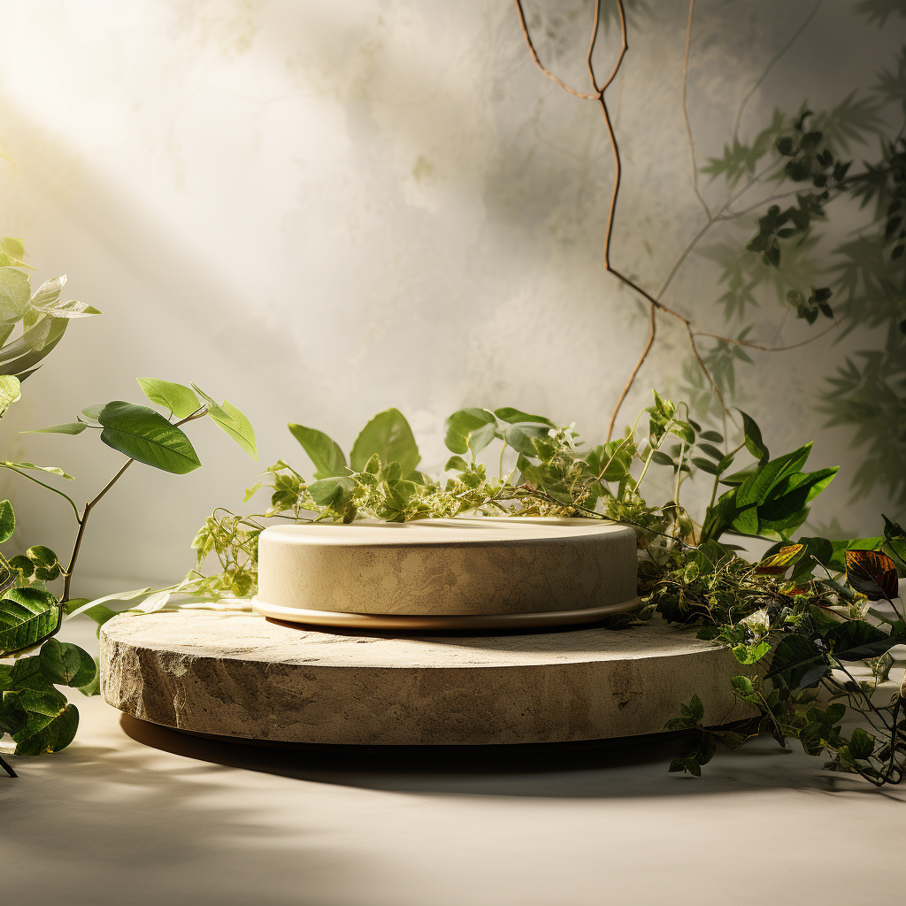 Minimal pedestal with artistic background and green leaves