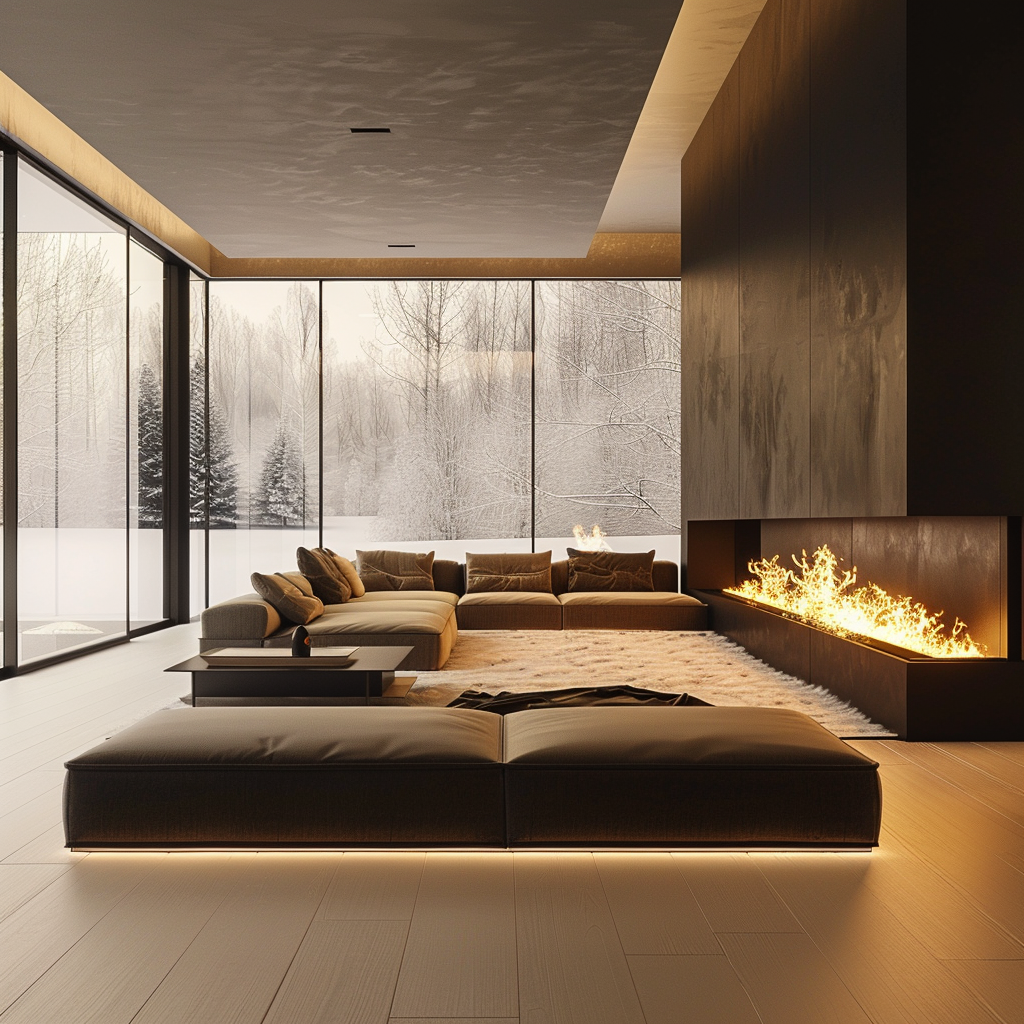 Beige Room Black Sofa Snowy Landscape