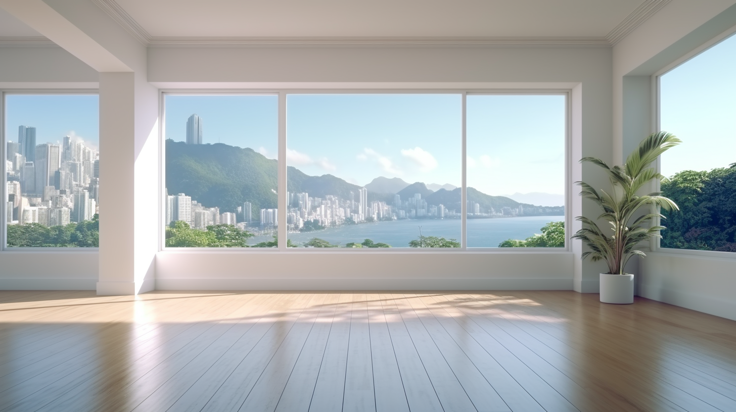 Empty living room with diagonal window view