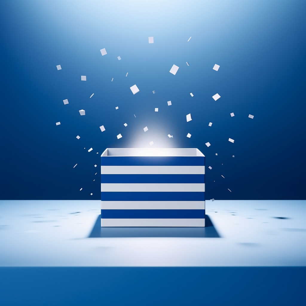 Empty blue white square gift box with stripes