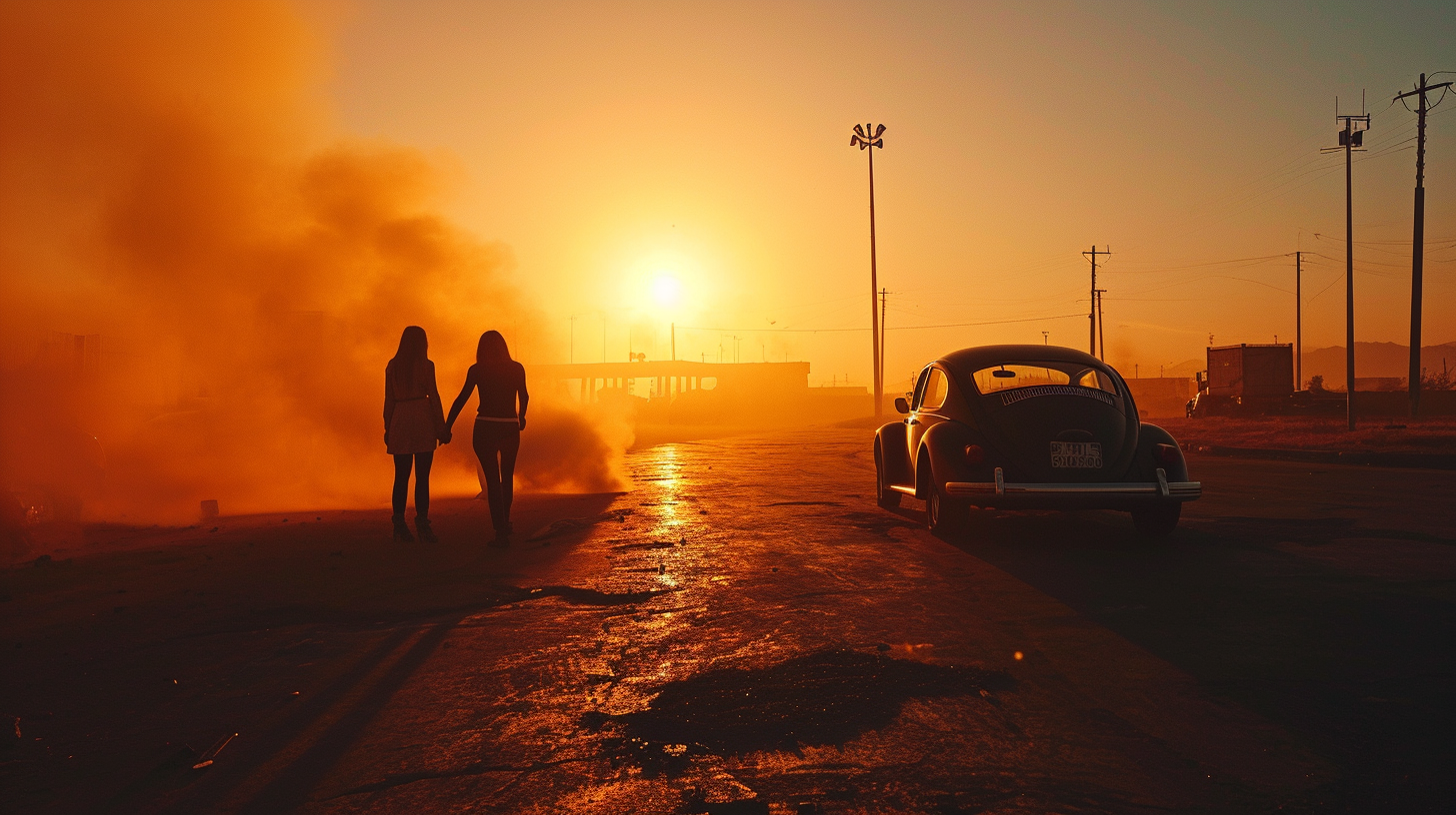 Elon Musk and Greta Thunberg watching Volkswagen Beetle burnout