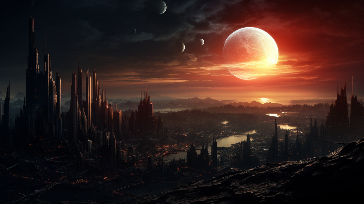 Artistic eclipse above empty city