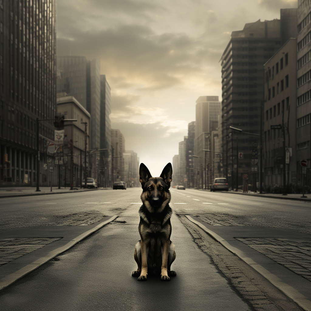 German Shepherd standing in empty city street