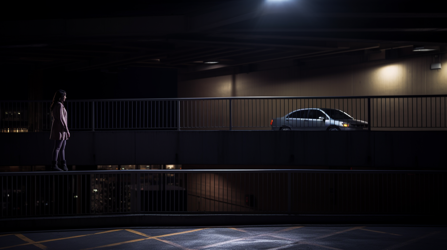 Woman leaning over city parking garage edge