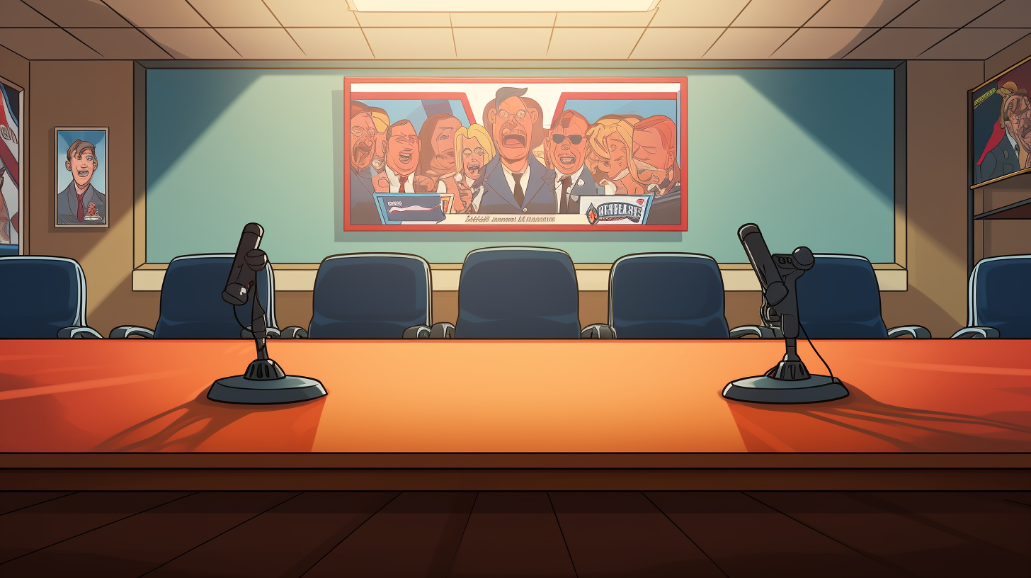 Cartoon-style empty football press conference table