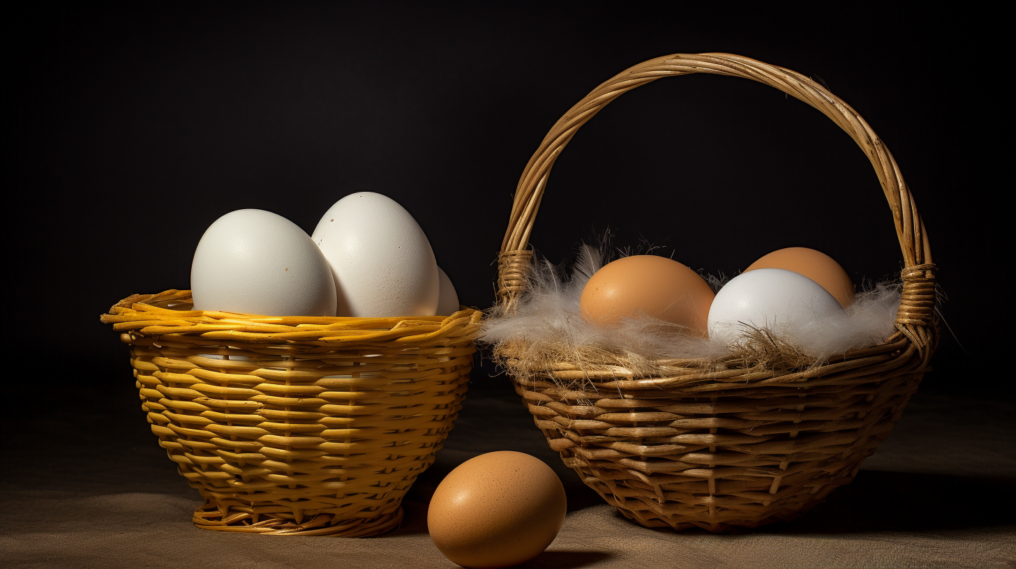 Two Easter baskets, one empty and the other full of colorful eggs