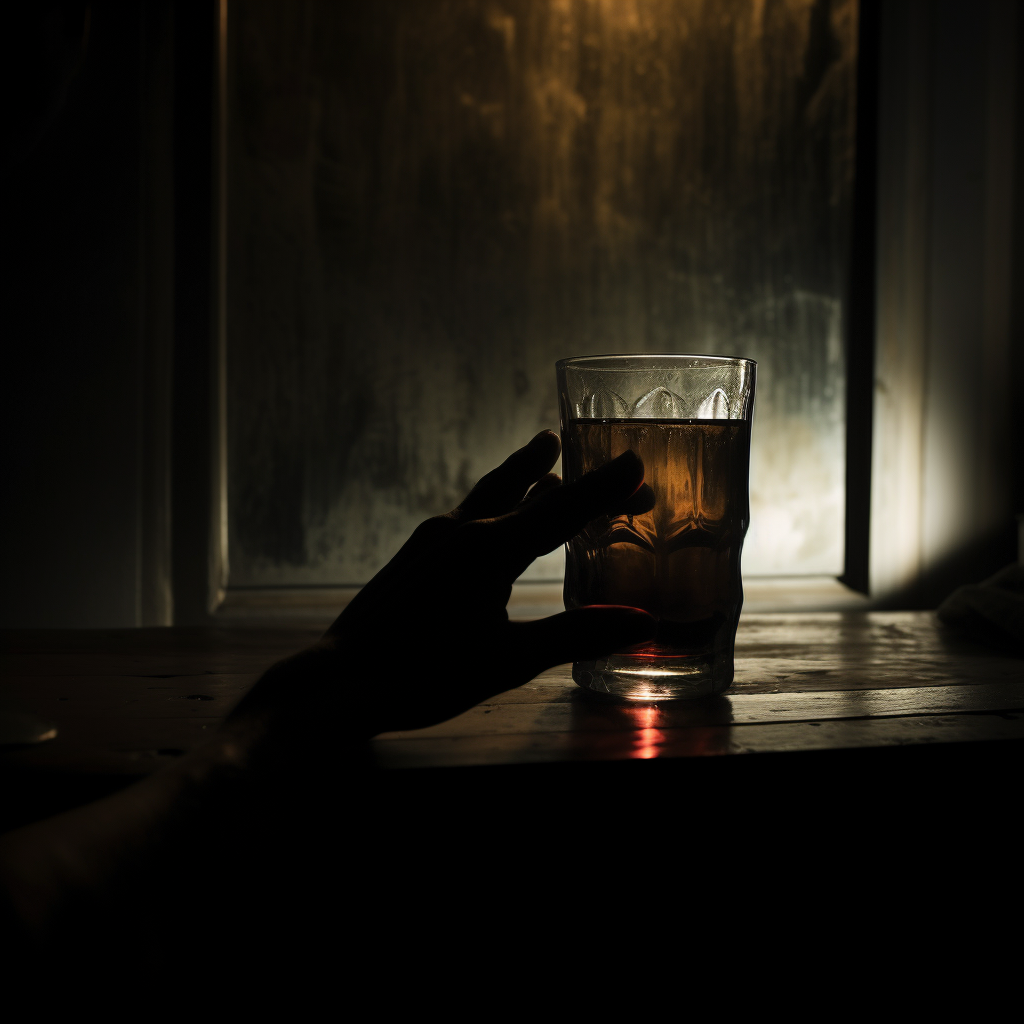 Empty glass on bedside table with shadowed hand