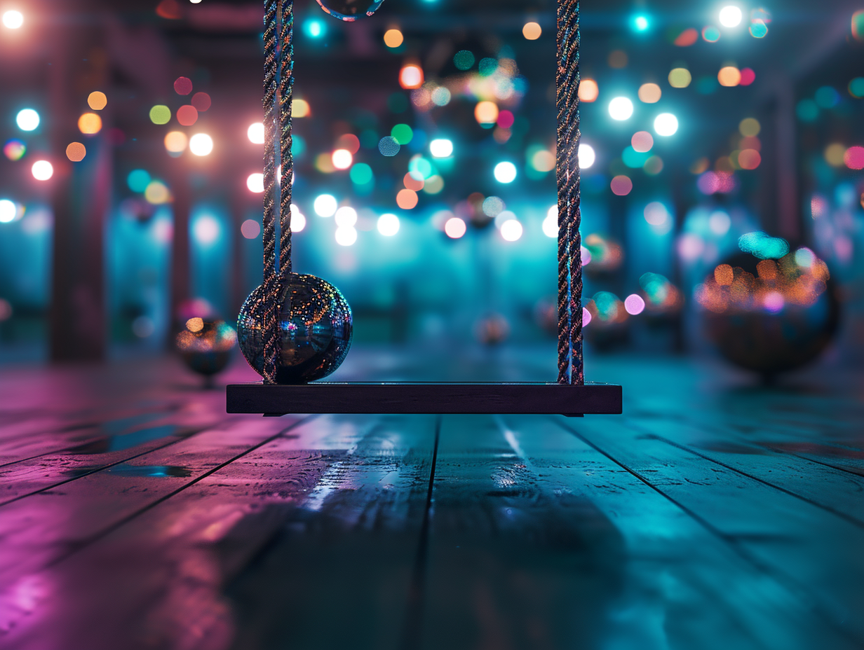 Empty hanging swing in disco ball-filled room