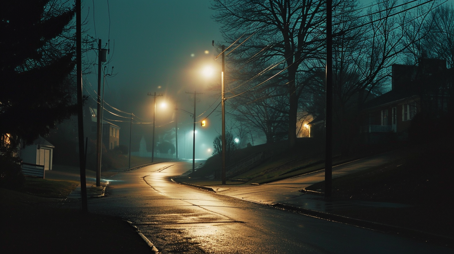 Desolate suburban street illuminated by streetlamps