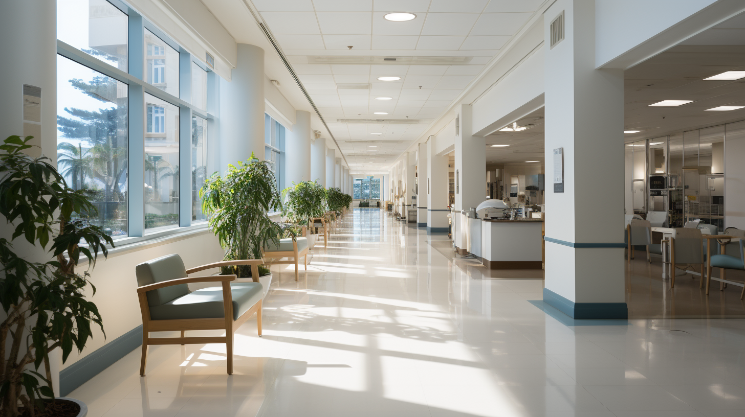 Empty hospital corridor with clean white walls