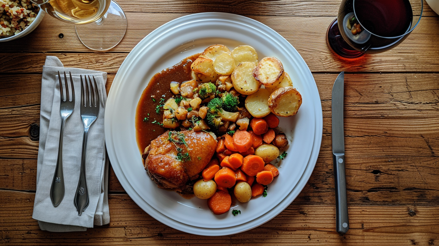 Empty kitchen worktop with overflowing roast dinner plate