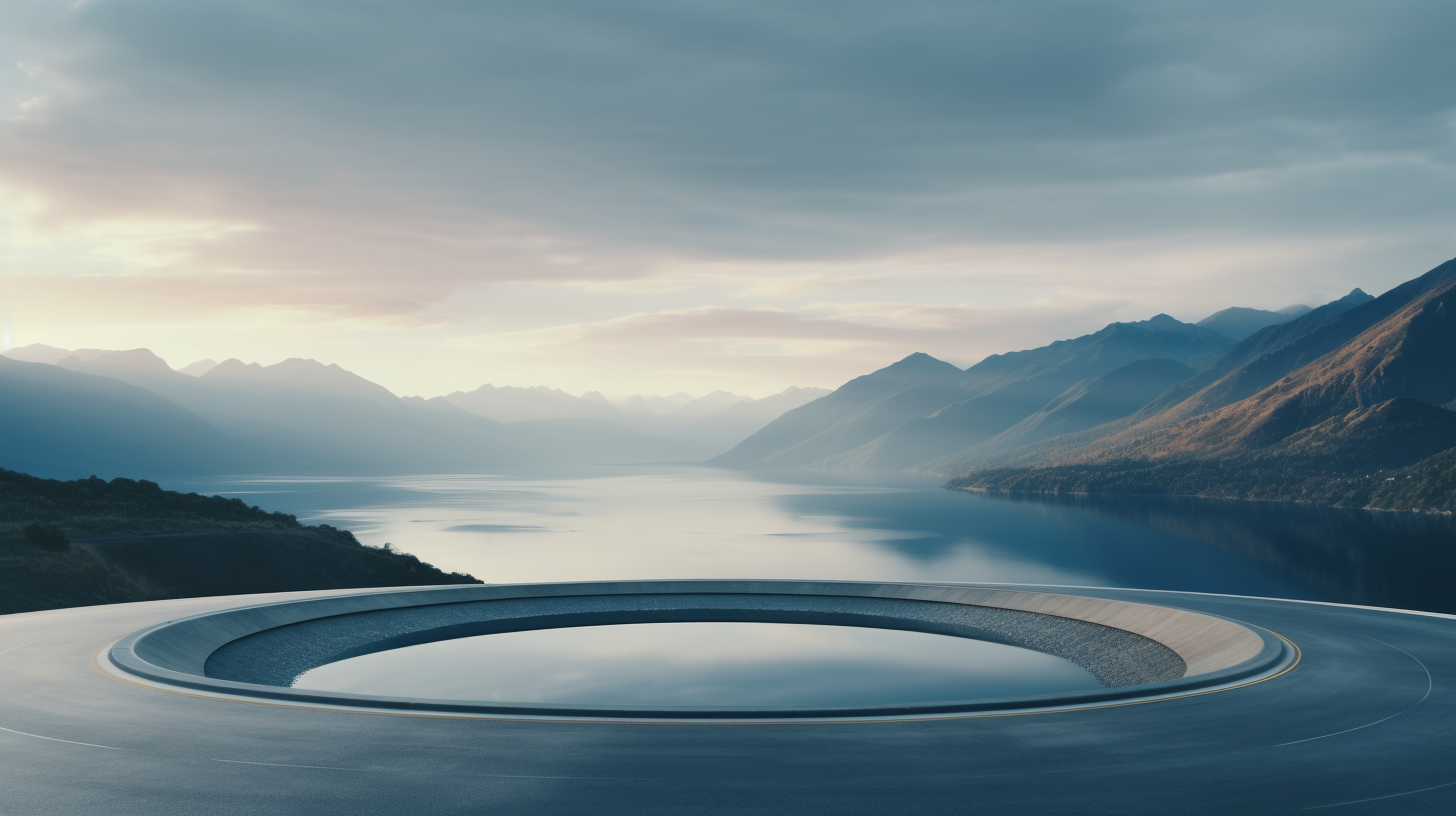 Empty Landscape with Lake, Mountains, and Curved Asphalt Street