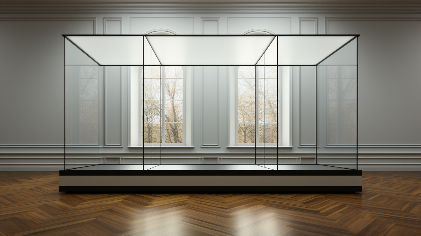 Glass display case in an empty museum room