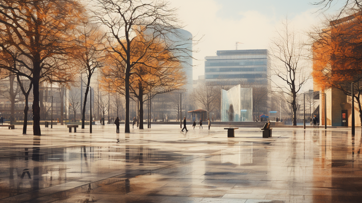 A painterly picture of an empty public city square in Berlin