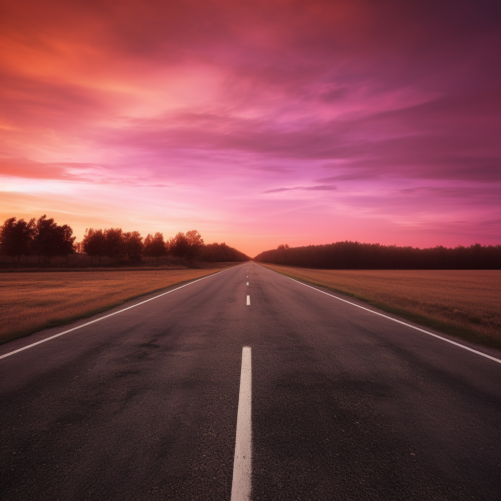 Breathtaking empty road in pink sky