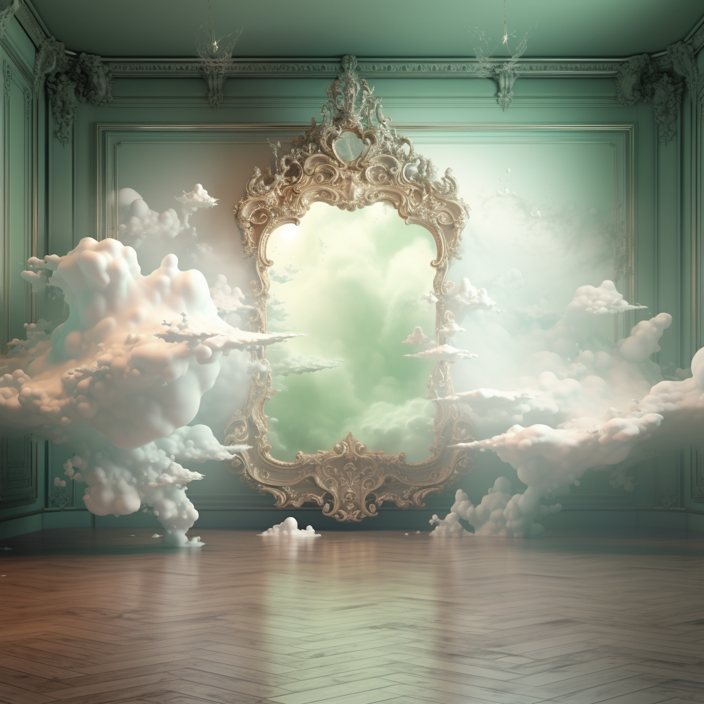 Ornate mirror in dreamy cloud-filled room