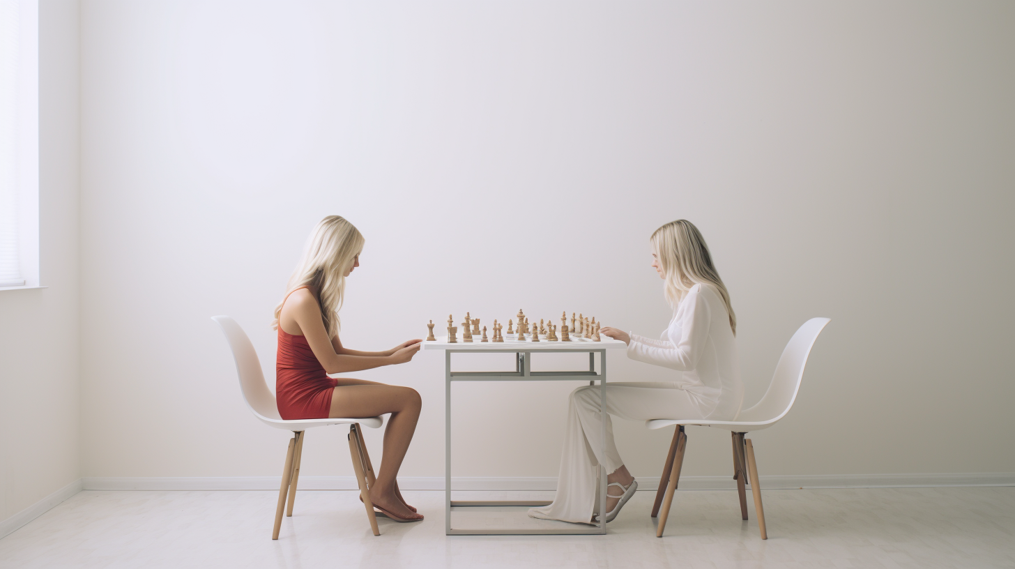 Two women playing chess in modern furnished empty room