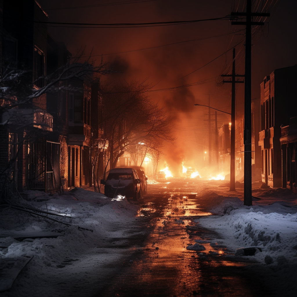 Empty street on fire during snowstorm at night