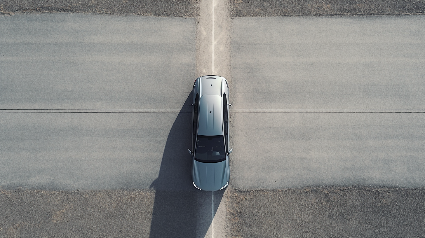 Aerial view of a single car on empty tarmac