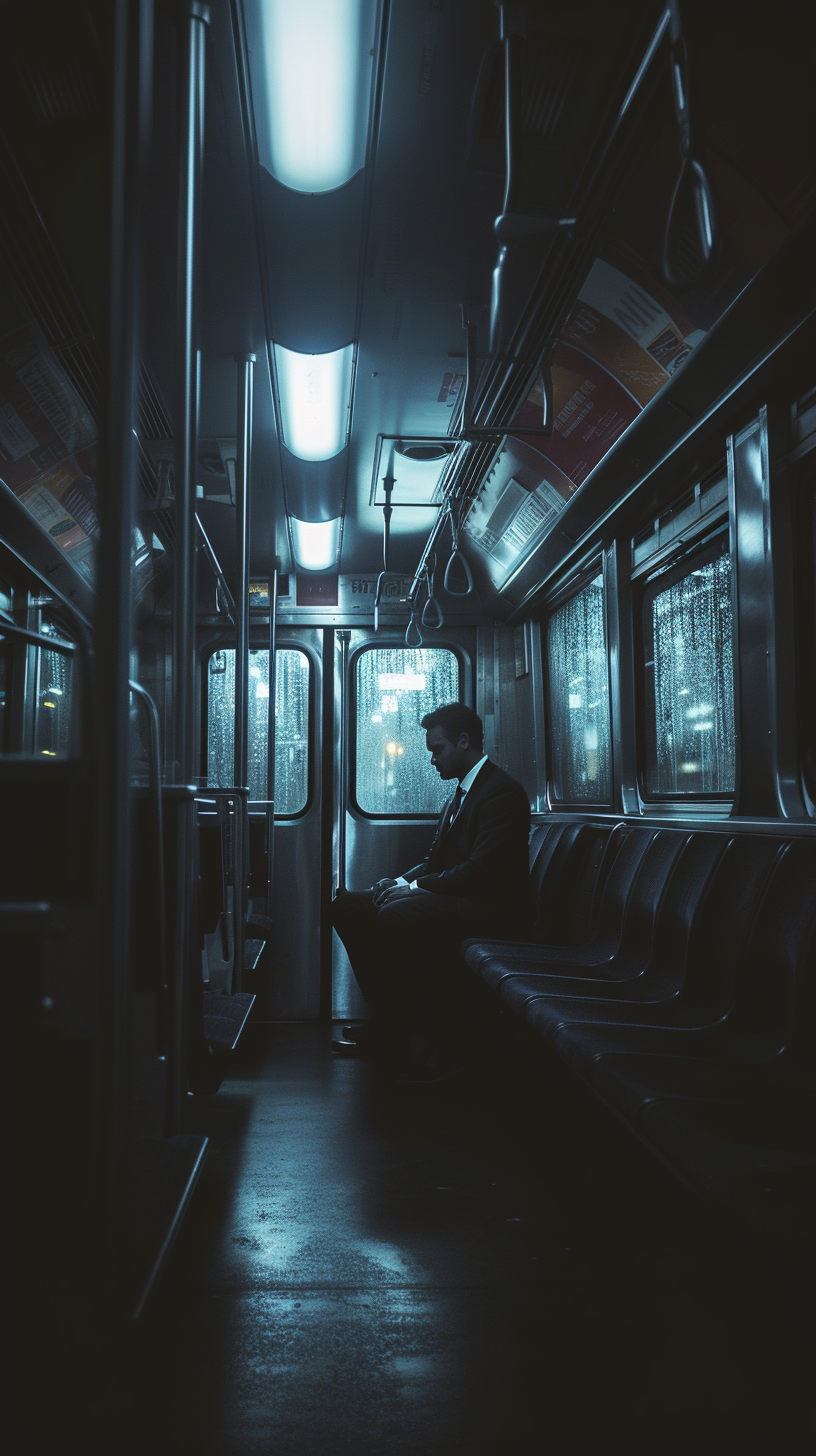 American man in creepy empty train