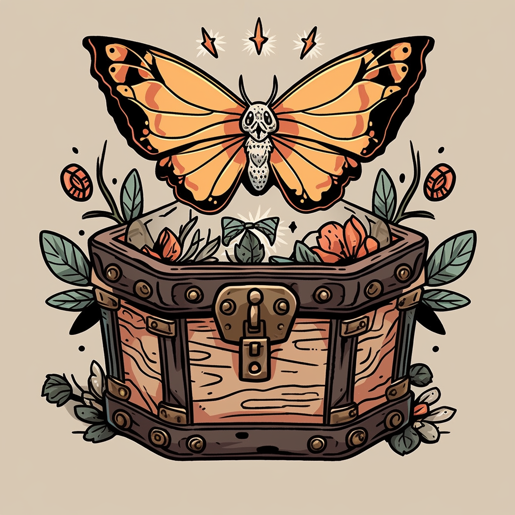 Vintage tattoo of an empty treasure chest with moths