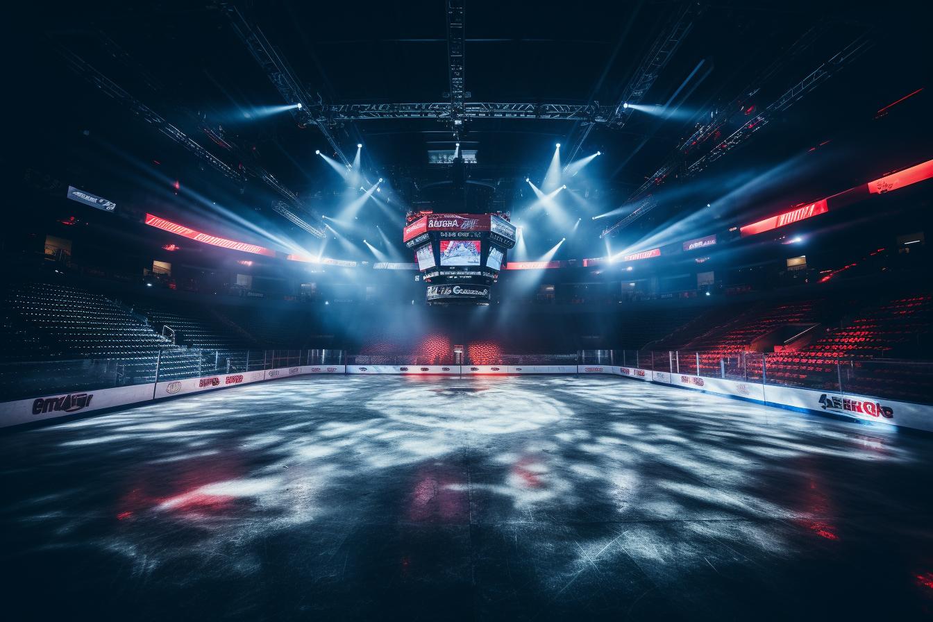 Epic arena lighting illuminates empty hockey rink