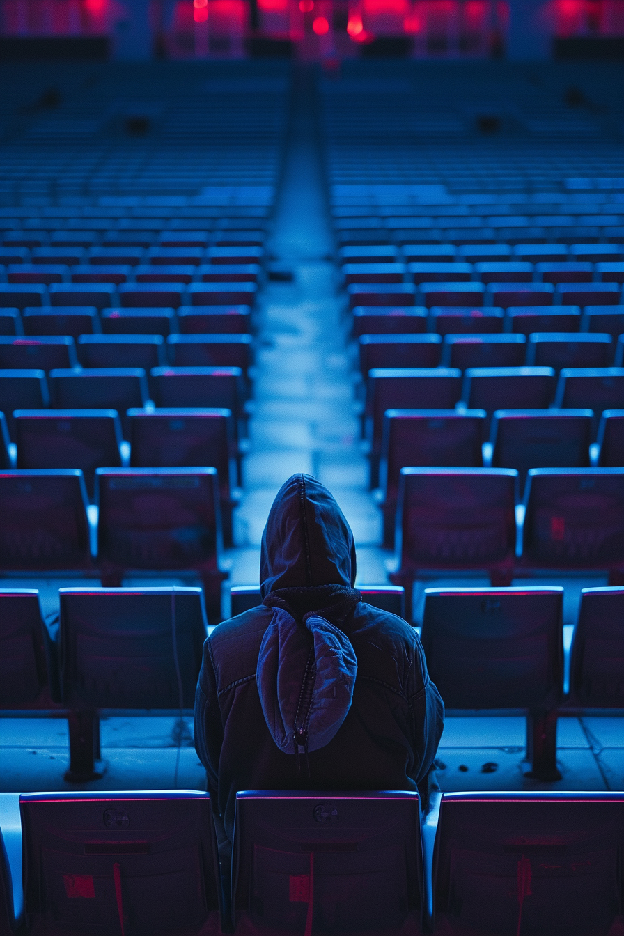 Empty seats in stadium with single man