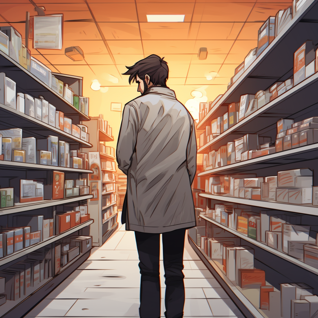 Pharmacist with Wallet and Empty Shelves in Supermarket