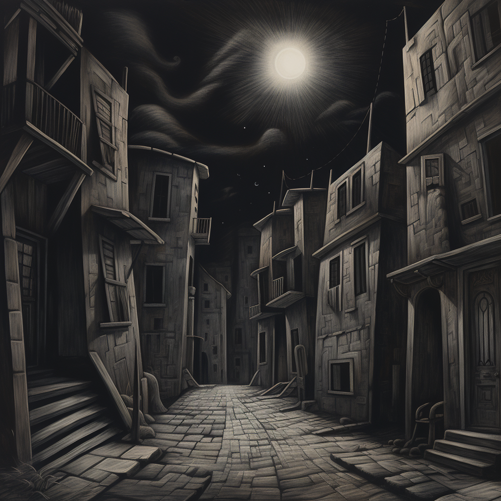 Rough pencil sketch of empty street at night in 1940