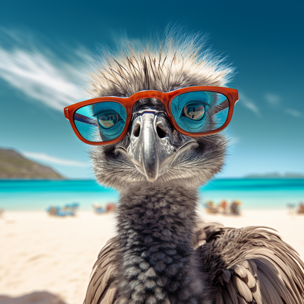 Emu wearing sunglasses on beach