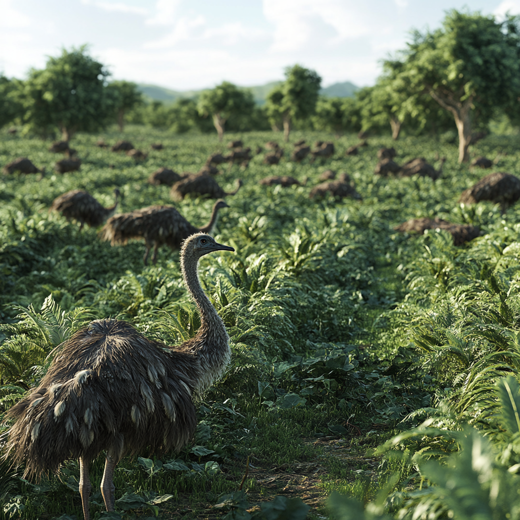 Emus pecking at green crops