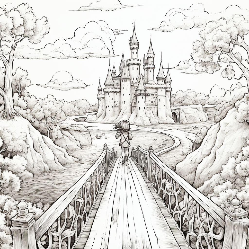 Enchanted bridge and mysterious castle coloring page