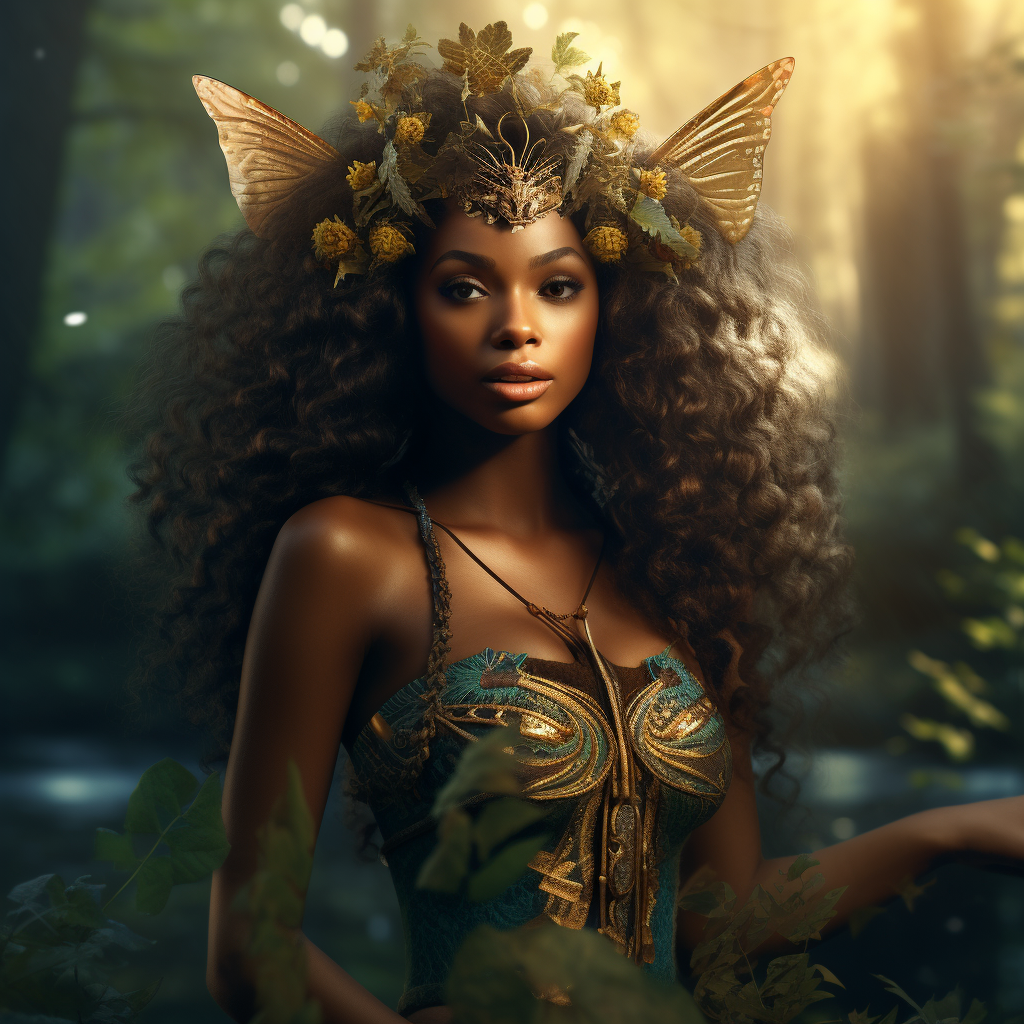 Beautiful black woman in enchanted forest