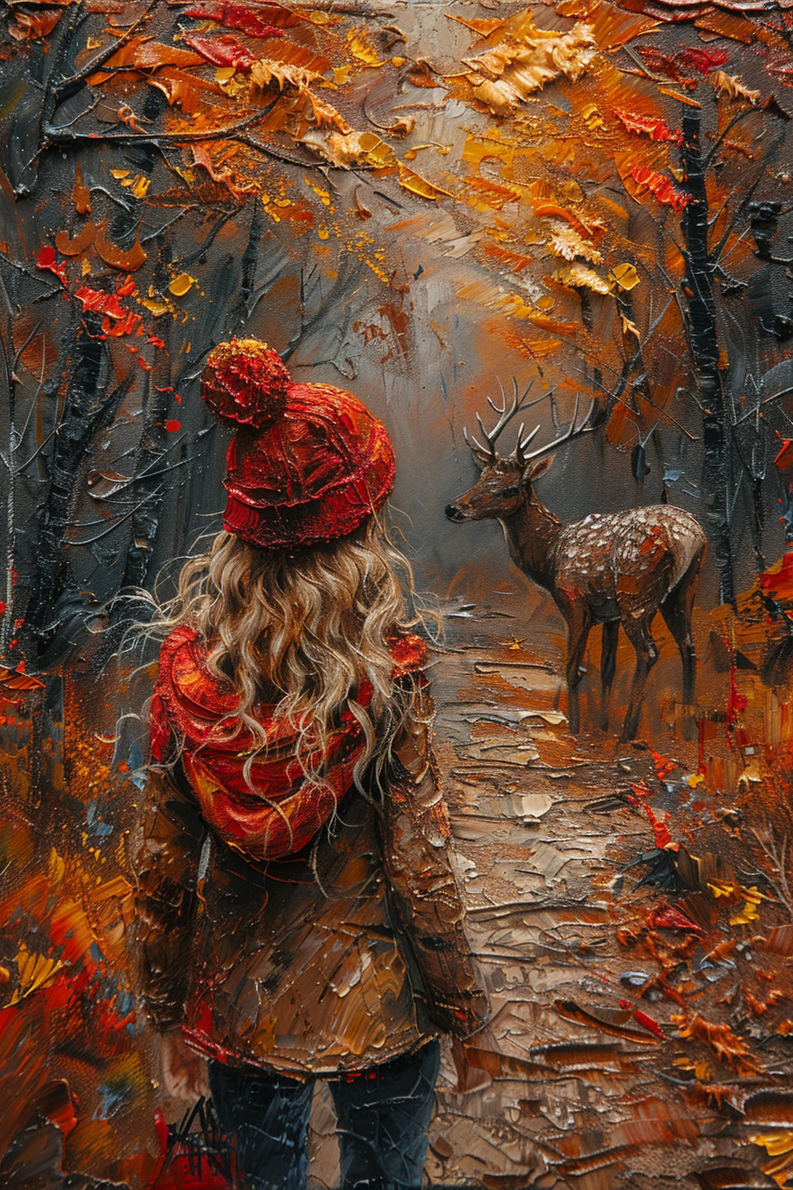 impressionism forest girl deer painting