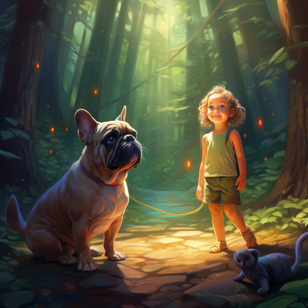 Little girl and French Bulldog in enchanted forest